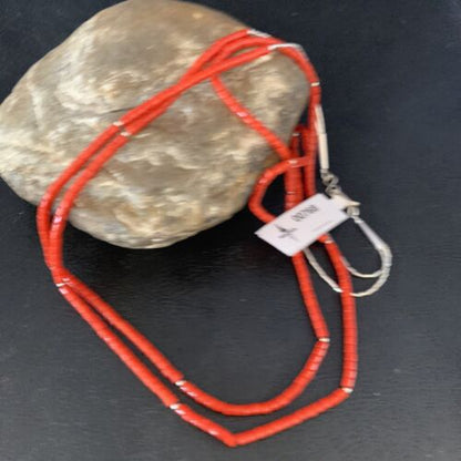 Navajo Red Coral Liquid Heishi Necklace | 2 Strands Sterling Silver Tubes | 22" | Authentic Native American Handmade | 768
