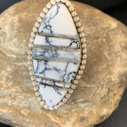 Navajo White Buffalo Turquoise Inlay Ring | Sterling Silver | Sz 9 | Authentic Native American Handmade | 12174