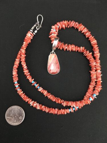 Navajo Spiny Oyster Pendant with Turquoise Pearls | Sterling Silver Necklace | Authentic Native American Handmade | 4890