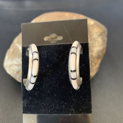 Navajo Pink Mother of Pearl and Onyx Inlay Hoop Earrings | Sterling Silver | Authentic Native American Handmade | 12674
