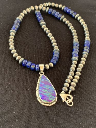 Southwestern Navajo Purple Opal Lapis Pendant Necklace | Sterling Silver | Authentic Native American Handmade | 00592