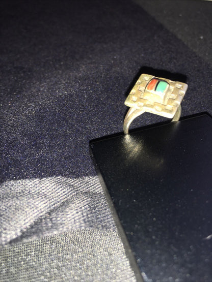 Navajo Women's Turquoise, Coral & Onyx Inlay Ring | Sterling Silver | Sz 5.5 | Authentic Native American Handmade | 01797