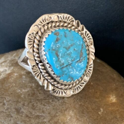 Southwestern Navajo Blue Kingman Turquoise Ring | Sterling Silver | Sz 8 | 12959