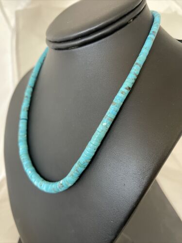 Navajo Blue Turquoise Heishi Necklace with Sterling Silver & Graduated Pearl Stab | Authentic Native American | 17" | 01184