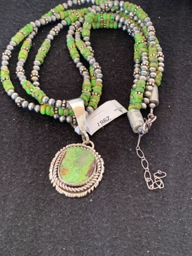 Navajo Pearls Gaspeite Turquoise Pendant Necklace Set | Sterling Silver | 3-Strand | 2987