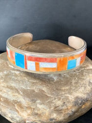 Zuni Orange Spiny Oyster Opal Inlay Cuff Bracelet | Sterling Silver | Authentic Native American Handmade | 14159
