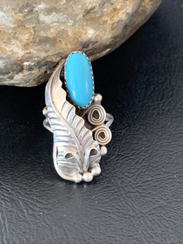 Navajo Feather Blue Turquoise Ring | Sterling Silver | Sz 7.5 | Authentic Native American Handmade | 11734