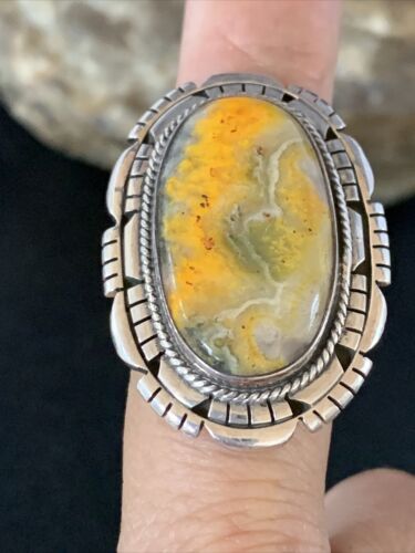 Navajo Yellow Bumble Bee Jasper Ring | Sterling Silver | Sz 8.75 | Authentic Native American Handmade | 13778