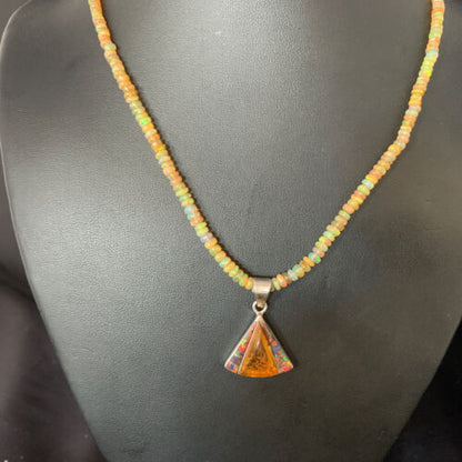Navajo Yellow Opal Amber Inlay Pendant | Sterling Silver Necklace | Authentic Native American Handmade | 13417
