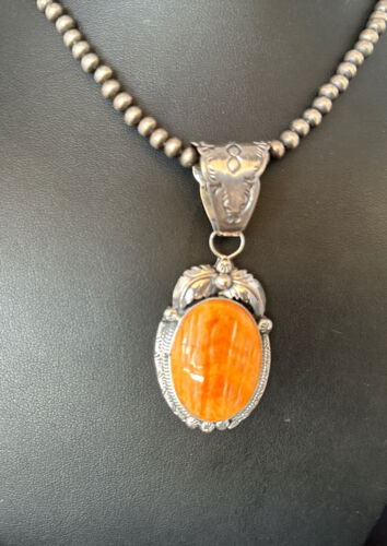 Navajo Pearls Orange Spiny Oyster Necklace Pendant | Sterling Silver | Authentic Native American Handmade | 14718
