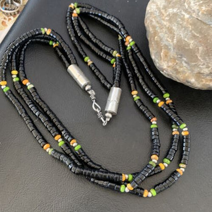 Navajo Sterling Silver Black Onyx Spiny Turquoise Bead Necklace Heishi 22" | Handmade 10893 - Masha USA