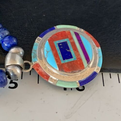 Authentic Native American Navajo Necklace | Sterling Silver with Turquoise, Lapis & Opal Pendant | 13981