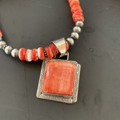Navajo Pearls Necklace with Red Spiny Oyster Pendant | Sterling Silver | Authentic Native American Handmade | 11324