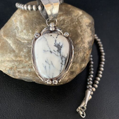 White Buffalo Turquoise Pendant Necklace | Sterling Silver | Navajo | Authentic Native American Handmade | 13992 - Masha USA