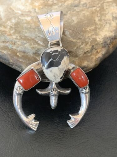 Navajo White Buffalo Turquoise Coral Naja Pendant | Sterling Silver | Authentic Native American Handmade | 11574 - Masha USA