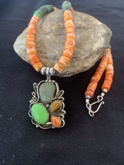 Navajo Green Turquoise and Spiny Bead Necklace Pendant | Sterling Silver | Authentic Native American Handmade | 573