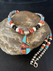 Navajo Multi-Color Turquoise Onyx Inlay Pendant Necklace | Sterling Silver | Authentic Native American Handmade | 13799