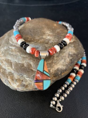 Navajo Multi-Color Turquoise Onyx Inlay Pendant Necklace | Sterling Silver | Authentic Native American Handmade | 13799