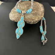 Authentic Native American Navajo Sterling Silver Pendant | Blue Turquoise & Opal Inlay Necklace | 11329
