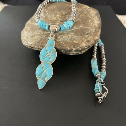 Authentic Native American Navajo Sterling Silver Pendant | Blue Turquoise & Opal Inlay Necklace | 11329