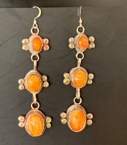 Navajo Orange Spiny Oyster Dangle Earrings | Sterling Silver | Authentic Native American Handmade | 1231