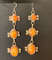 Navajo Orange Spiny Oyster Dangle Earrings | Sterling Silver | Authentic Native American Handmade | 1231