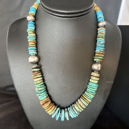 Navajo Blue Green Turquoise Bead Necklace | Sterling Silver | Authentic Native American | 20" | 14243