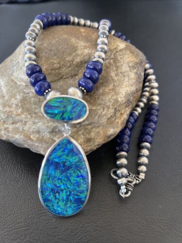Women's Sterling Silver Necklace | Blue Lapis Bead Opal Inlay Pendant | Multi-Stone | 10584