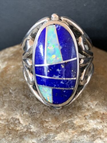 Native American Navajo Lapis & Opal Inlay Ring | Sterling Silver | Sz 7 | 1484