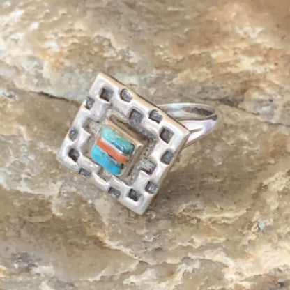 Southwestern Women's Navajo Blue Turquoise Spiny Oyster Inlay Ring | Sz 6 | 13168