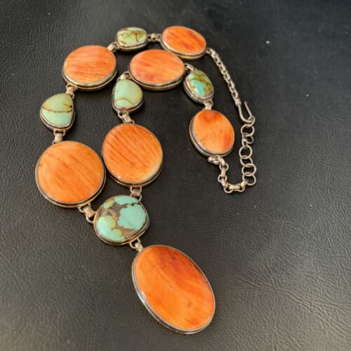 Navajo Lariat Necklace with Green Royston Turquoise & Spiny Oyster Pendant | Sterling Silver | 20" | 13888