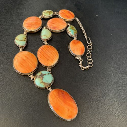 Navajo Lariat Necklace with Green Royston Turquoise & Spiny Oyster Pendant | Sterling Silver | 20" | 13888