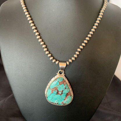 Men's Navajo Pearl Necklace with Blue Spiderweb Turquoise Pendant | Sterling Silver | 10543