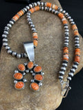 Navajo Pearls Sterling Necklace | Orange Spiny Oyster Cluster Naja Pendant | Native American 21" | 00189