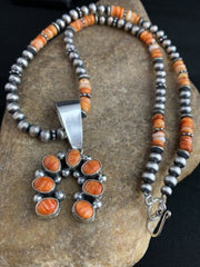 Navajo Pearls Sterling Necklace | Orange Spiny Oyster Cluster Naja Pendant | Native American 21" | 00189