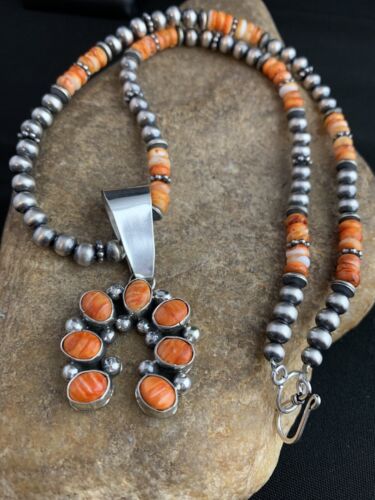 Navajo Pearls Sterling Necklace | Orange Spiny Oyster Cluster Naja Pendant | Native American 21" | 00189