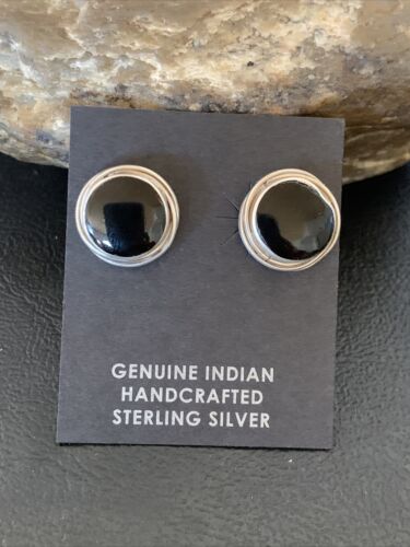 Navajo Black Onyx Stud Post Earrings | Sterling Silver | 0.5" | Authentic Native American Handmade | 12642
