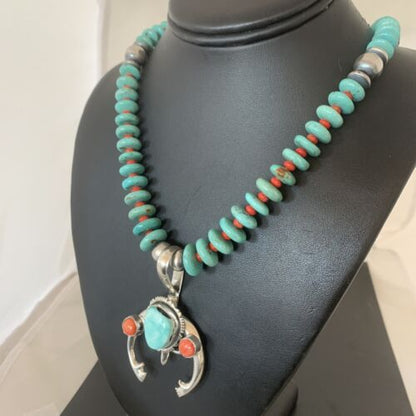 Navajo Sterling Silver Necklace | Blue Turquoise & Spiny Oyster Naja Pendant | Authentic Native American Handmade | 2060