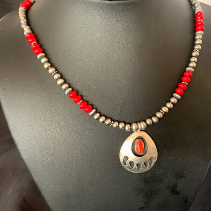 Bear Paw Red Coral Pendant for Men | Navajo Pearl Sterling Silver | Authentic Native American Handmade | 12589