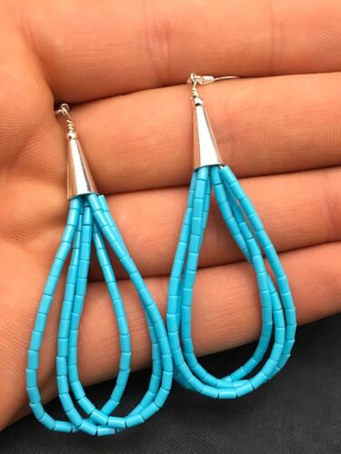 Liquid Silver Heishi Dangle Earrings | Blue Turquoise | Sterling Silver | 3-Strand | 2.5" | 4371