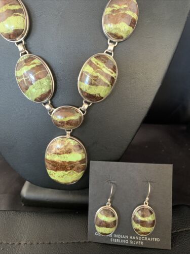 Navajo Green Gaspeite Necklace Choker Earrings Set | Sterling Silver Pendant | 19" | Authentic Native American Handmade | 13794