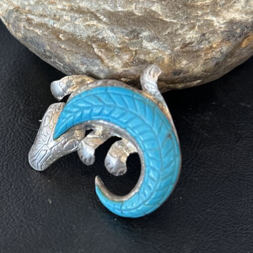 Navajo White & Blue Turquoise Lizard Pin Pendant | Sterling Silver Gecko Inlay | Native American Handmade | 14510