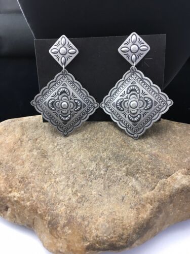 Handmade Sterling Silver Stamped Earrings | Navajo | Authentic Native American Jewelry | 2.75" | 01725 - Masha USA