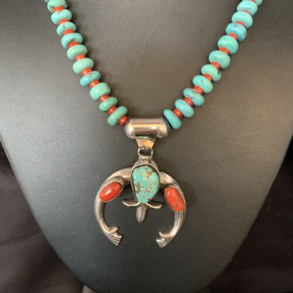 Navajo Sterling Silver Necklace | Blue Turquoise & Coral Naja Pendant | Authentic Native American Handmade | 13747