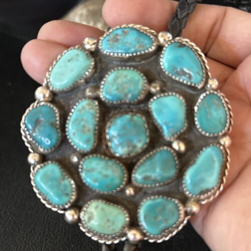 Men's Bolo Tie | Cluster Blue Kingman Turquoise | Sterling Silver | Navajo | Authentic Native American Handmade | 14524