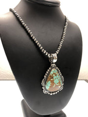 Navajo Pearls Necklace with Blue Turquoise #8 Pendant | Sterling Silver | Native American Handmade | 11294