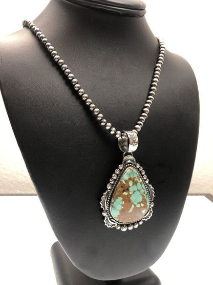 Navajo Pearls Necklace with Blue Turquoise #8 Pendant | Sterling Silver | Native American Handmade | 11294