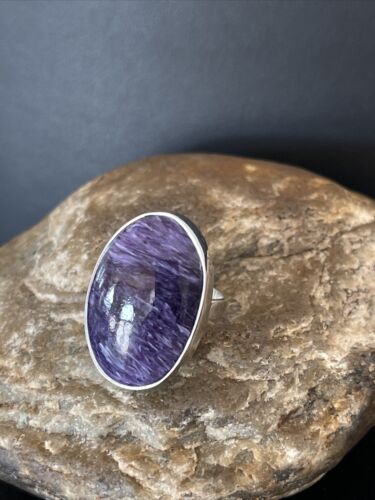 Navajo Women's Oval Purple Charoite Ring | Sterling Silver | Sz 8 Adjustable | Authentic Native American Handmade | 10567