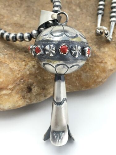 Navajo Red Coral Naja Pendant Necklace | Sterling Silver | Authentic Native American Handmade | 2619