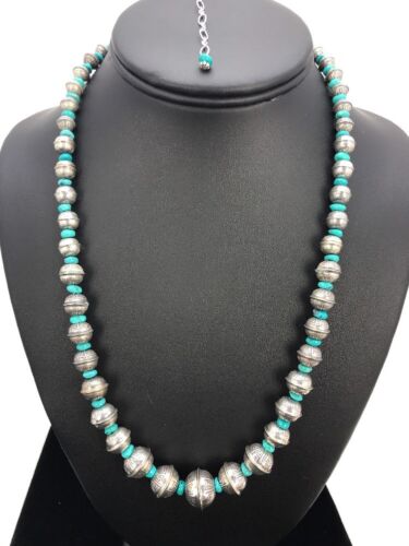 Navajo Pearls Turquoise Bead Necklace | Sterling Silver | 25" Single Strand | Southwestern | 00104